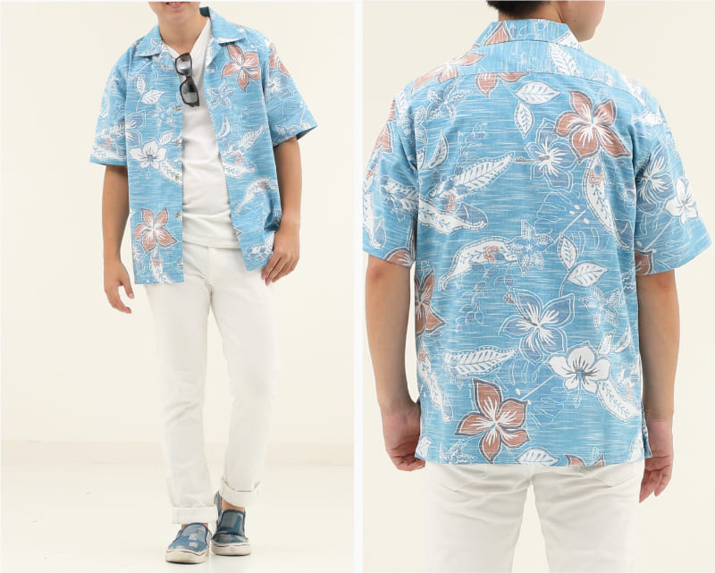 彩りをアクセントに楽しめるメンズ沖縄アロハシャツ（かりゆしウェア）　ライトブルー