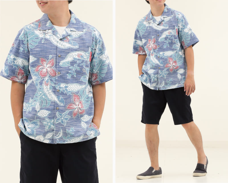 彩りをアクセントに楽しめるメンズ沖縄アロハシャツ（かりゆしウェア）　ネイビー