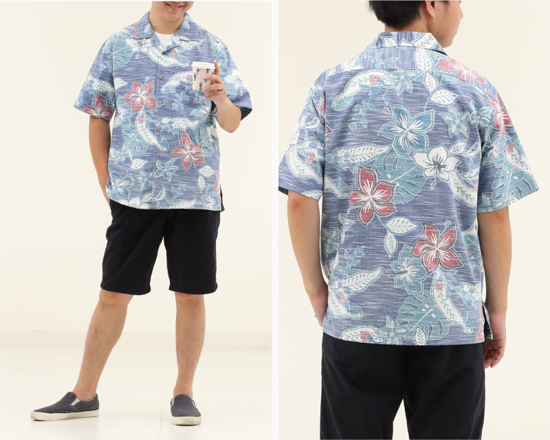 彩りをアクセントに楽しめるメンズ沖縄アロハシャツ（かりゆしウェア）　ネイビー