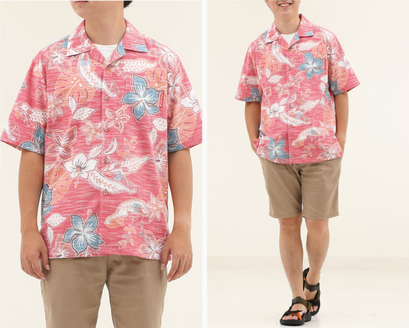 彩りをアクセントに楽しめるメンズ沖縄アロハシャツ（かりゆしウェア）　レッド