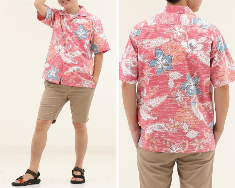 彩りをアクセントに楽しめるメンズ沖縄アロハシャツ（かりゆしウェア）　レッド