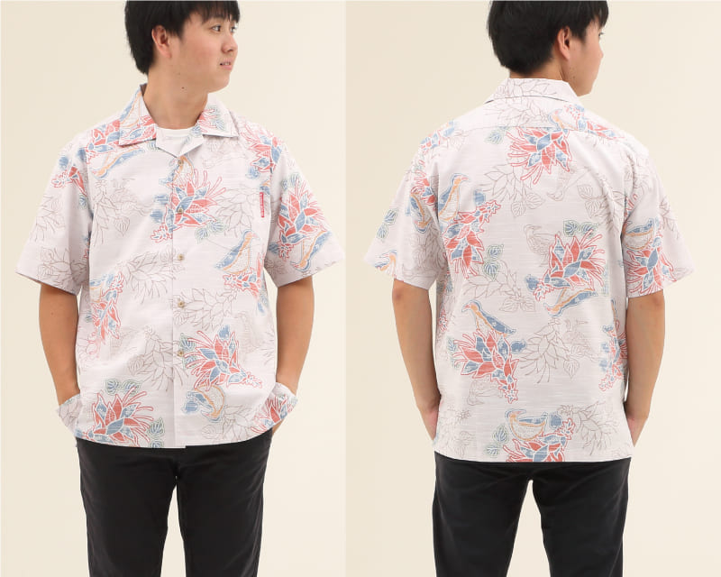 紅型調で可愛さとシックさを兼ね備えたメンズ沖縄アロハシャツ　アイボリー