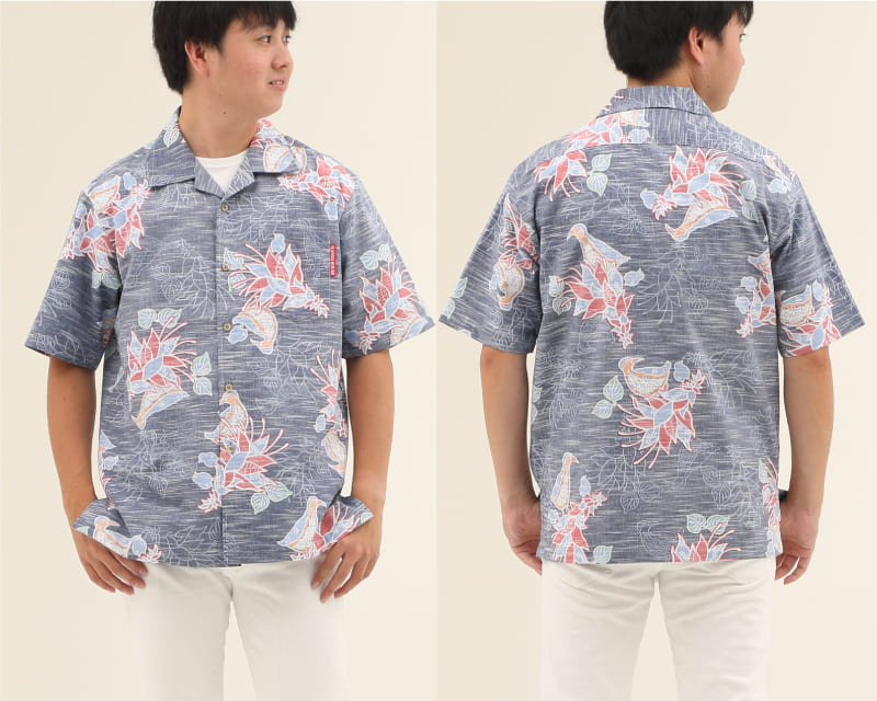 紅型調で可愛さとシックさを兼ね備えたメンズ沖縄アロハシャツ　ネイビー