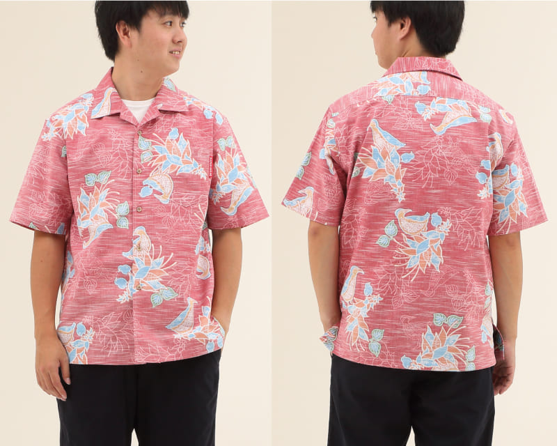 紅型調で可愛さとシックさを兼ね備えたメンズ沖縄アロハシャツ　レッド