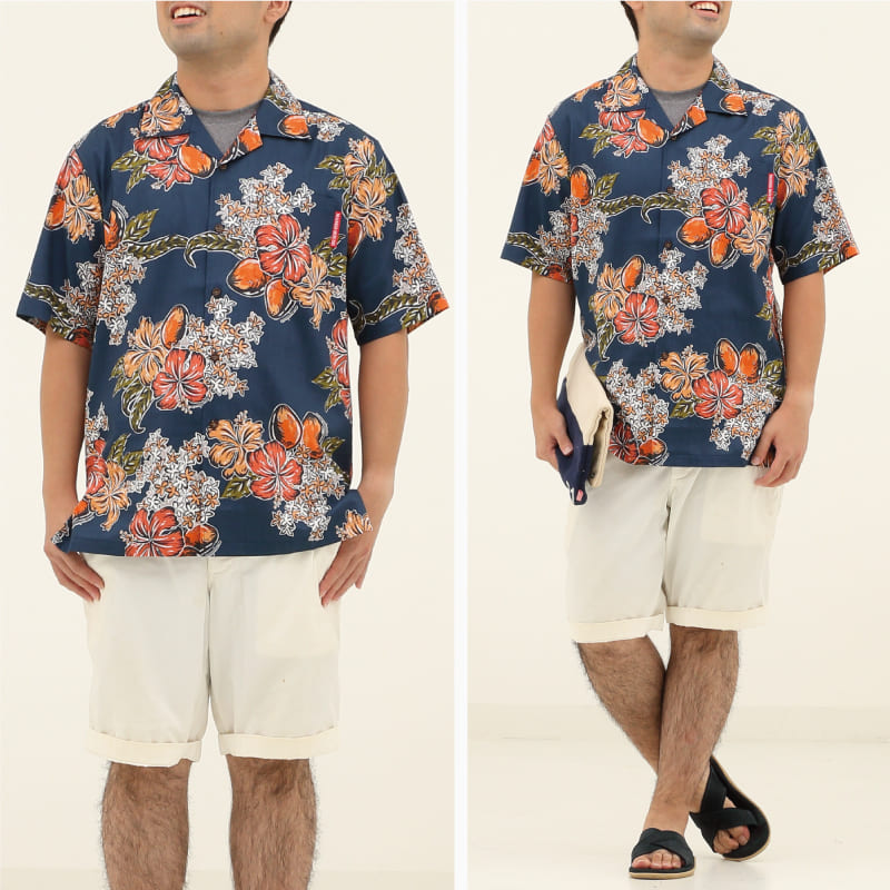 南国のマンゴーを鮮やかでパワフルに表現したメンズ沖縄アロハシャツ-かりゆしウェア　ネイビー