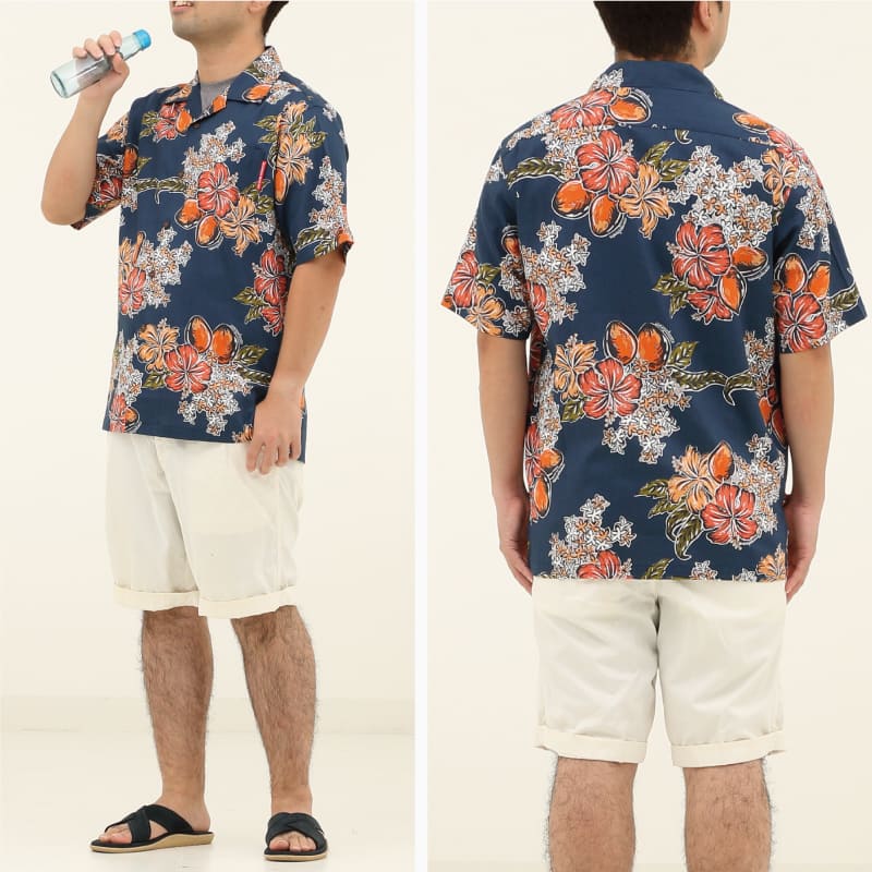 南国のマンゴーを鮮やかでパワフルに表現したメンズ沖縄アロハシャツ-かりゆしウェア　ネイビー