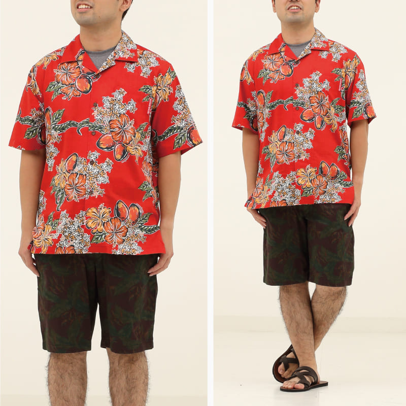 南国のマンゴーを鮮やかでパワフルに表現したメンズ沖縄アロハシャツ-かりゆしウェア　レッド