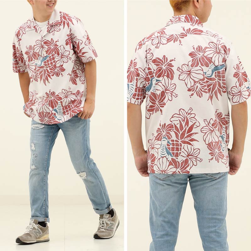 シンプルなコーディネートでもアクセントとして映える沖縄のアロハシャツ オフレッド