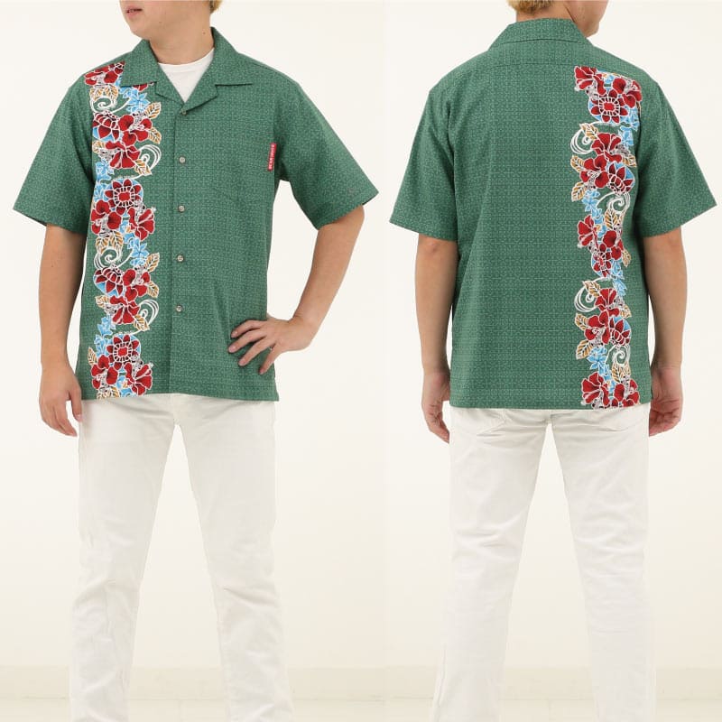 花「アカバナー（ハイビスカス）」、地模様に「ミンサー」をアレンジした沖縄のアロハシャツ グリーン