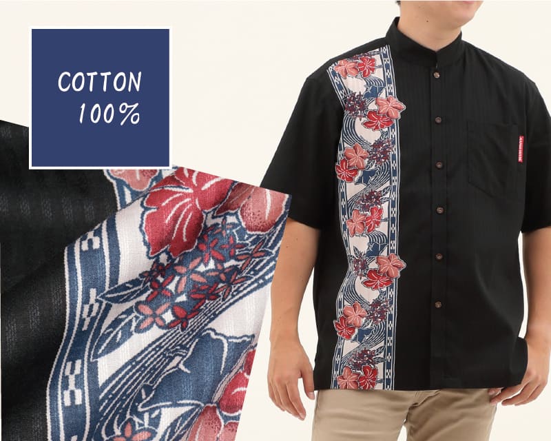 紅型モチーフで大人雰囲気を演出するボーダー柄の沖縄アロハシャツ　綿