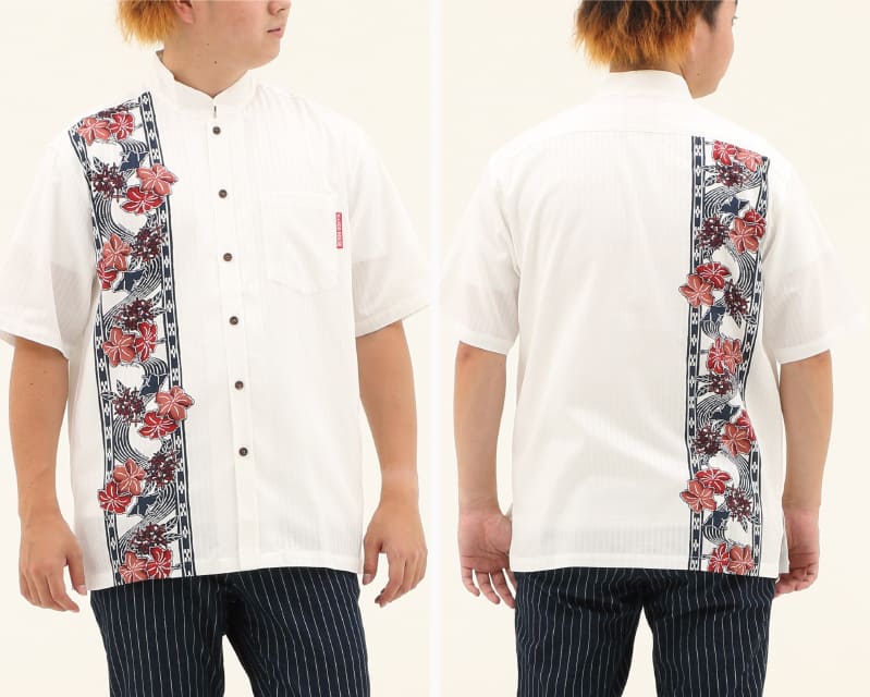 紅型モチーフで大人雰囲気を演出するボーダー柄の沖縄アロハシャツ　ホワイト