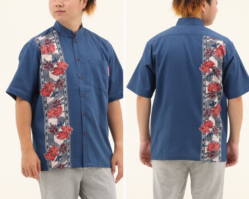 紅型モチーフで大人雰囲気を演出するボーダー柄の沖縄アロハシャツ　ネイビー