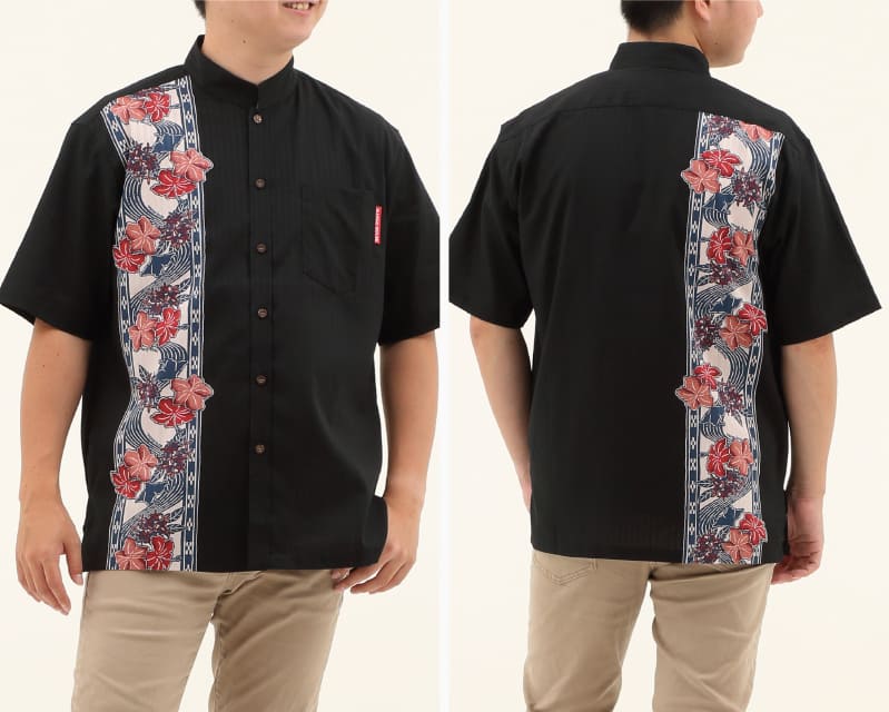 紅型モチーフで大人雰囲気を演出するボーダー柄の沖縄アロハシャツ　ブラック