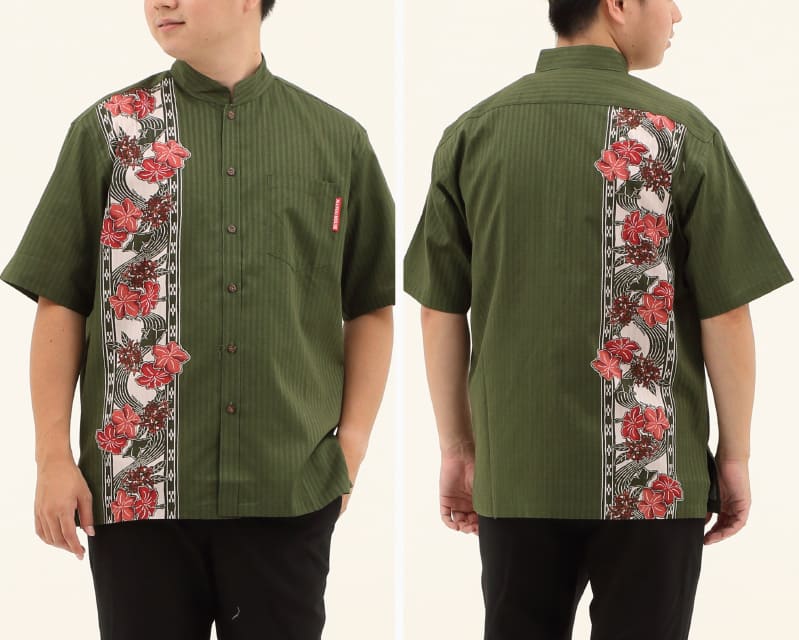紅型モチーフで大人雰囲気を演出するボーダー柄の沖縄アロハシャツ　グリーン