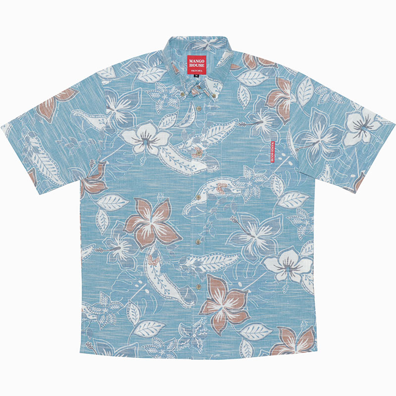 沖縄アロハシャツ　メンズ　かりゆしウェア　ライトブルー