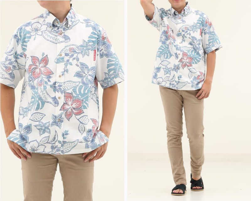 彩りをアクセントに楽しめるメンズ沖縄アロハシャツ（かりゆしウェア）　アイボリー