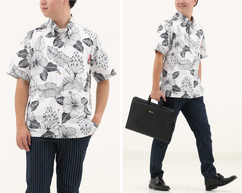 島バナナの生いしげる沖縄のジャングル自然豊かな沖縄のアロハシャツ かりゆしウェア オフブラック