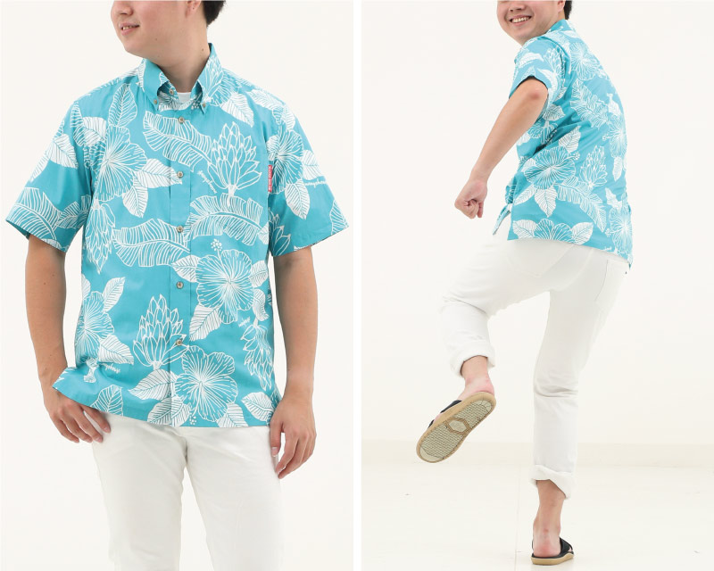 島バナナの生いしげる沖縄のジャングル自然豊かな沖縄のアロハシャツ かりゆしウェア ターコイズブルー