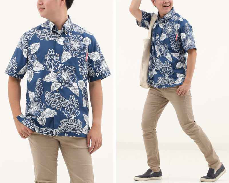 島バナナの生いしげる沖縄のジャングル自然豊かな沖縄のアロハシャツ かりゆしウェア ネイビー