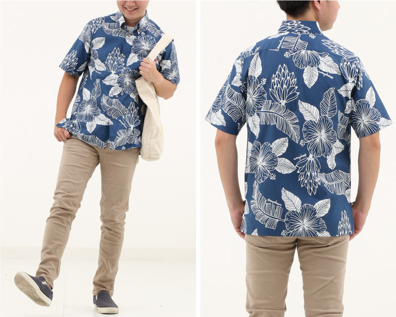島バナナの生いしげる沖縄のジャングル自然豊かな沖縄のアロハシャツ かりゆしウェア ネイビー