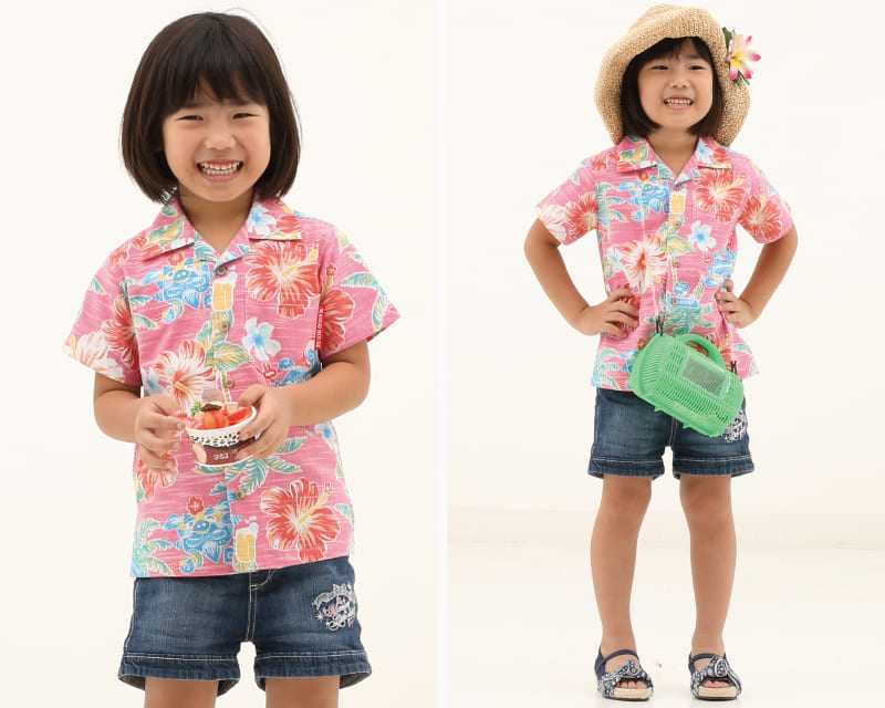 楽しくなれるキッズ沖縄アロハシャツ　ピンク