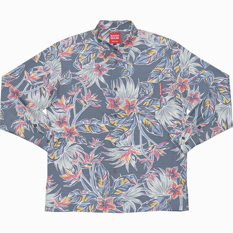 沖縄アロハシャツ　メンズ長袖　かりゆしウェア　ネイビー