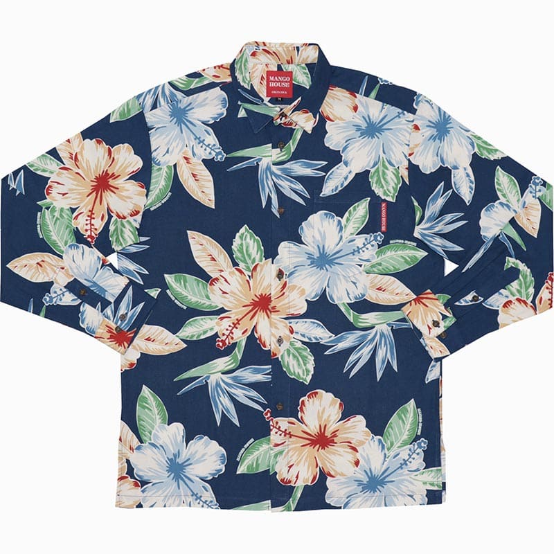 沖縄アロハシャツ　メンズ長袖　かりゆしウェア　ネイビー