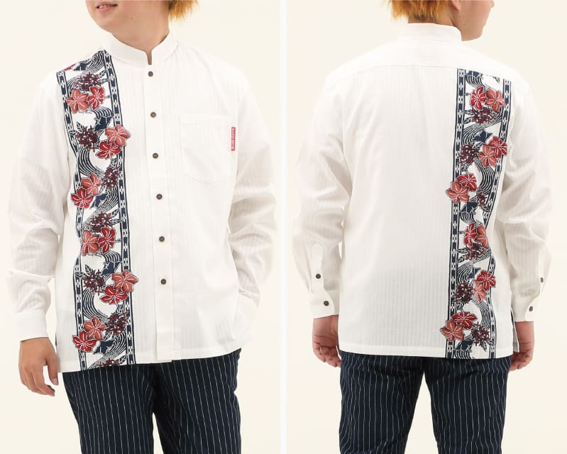 紅型モチーフで大人雰囲気を演出するボーダー柄の長袖アロハシャツ　ホワイト