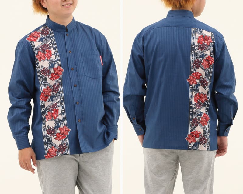 紅型モチーフで大人雰囲気を演出するボーダー柄の長袖アロハシャツ　ネイビー