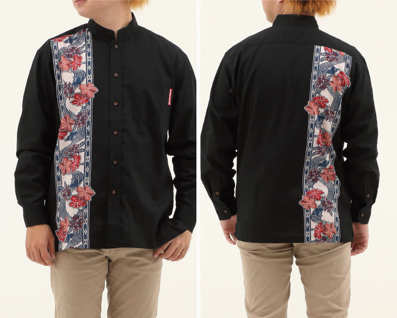 紅型モチーフで大人雰囲気を演出するボーダー柄の長袖アロハシャツ　ブラック