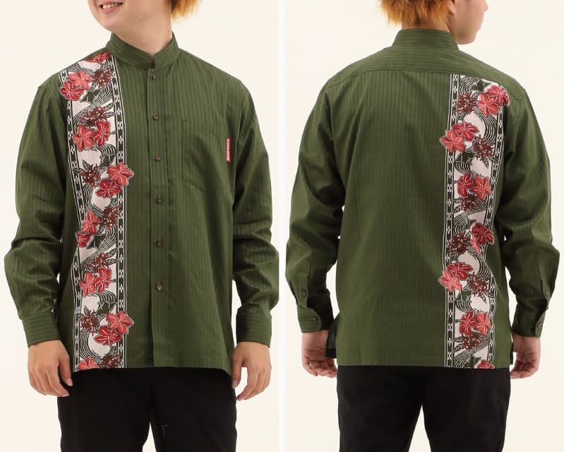 紅型モチーフで大人雰囲気を演出するボーダー柄の長袖アロハシャツ　グリーン