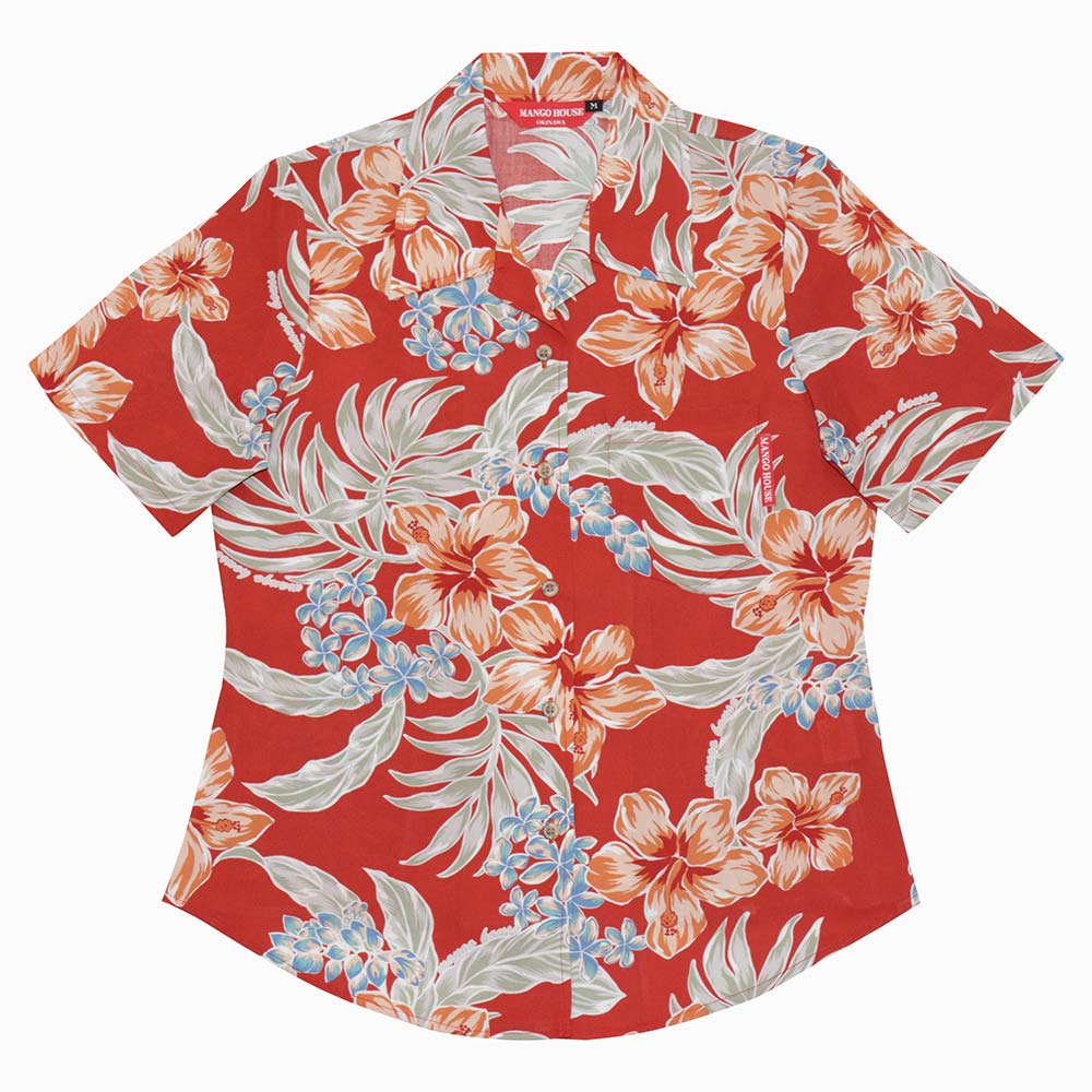 沖縄アロハシャツ　レディース　かりゆしウェア　レッド