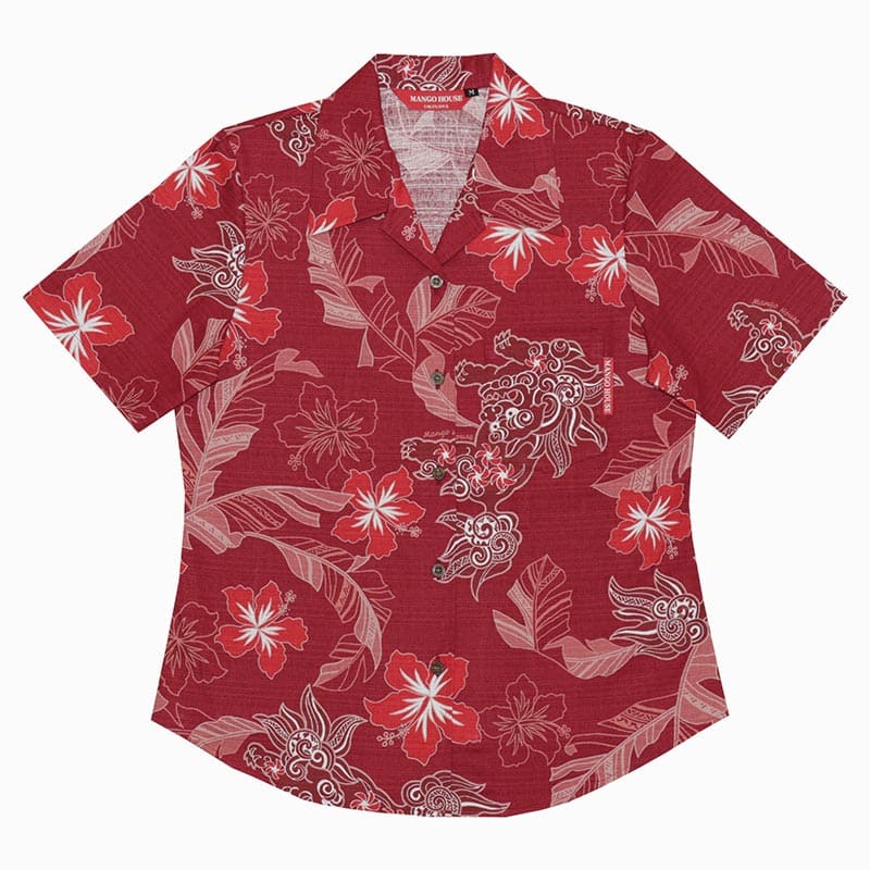 沖縄アロハシャツ　レディース　かりゆしウェア　エンジ