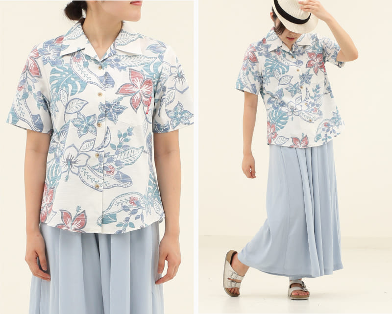 彩りをアクセントに楽しめるレディース沖縄アロハシャツ（かりゆしウェア）　アイボリー