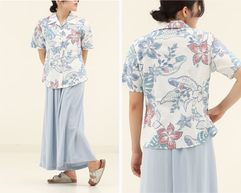 彩りをアクセントに楽しめるレディース沖縄アロハシャツ（かりゆしウェア）　アイボリー