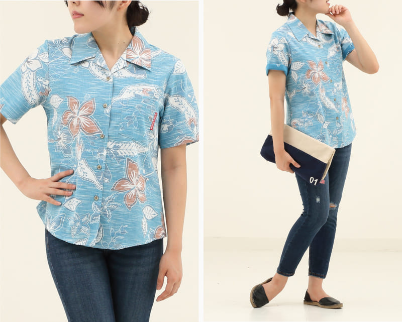 彩りをアクセントに楽しめるレディース沖縄アロハシャツ（かりゆしウェア）　ライトブルー