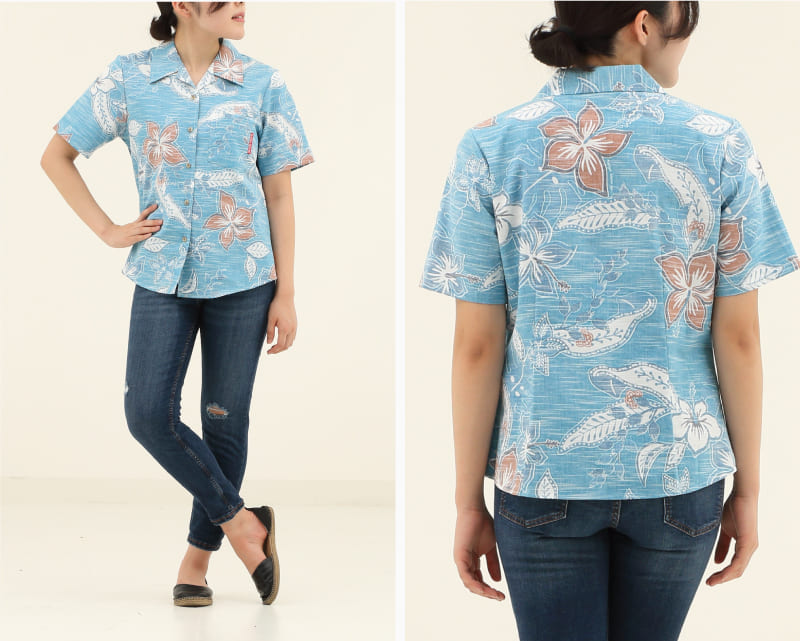 彩りをアクセントに楽しめるレディース沖縄アロハシャツ（かりゆしウェア）　ライトブルー