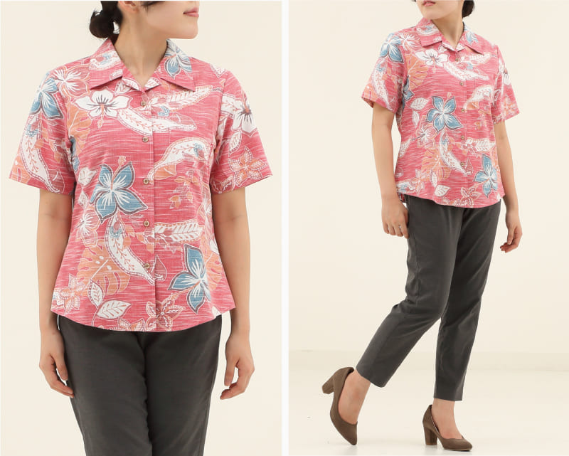 彩りをアクセントに楽しめるレディース沖縄アロハシャツ（かりゆしウェア）　レッド
