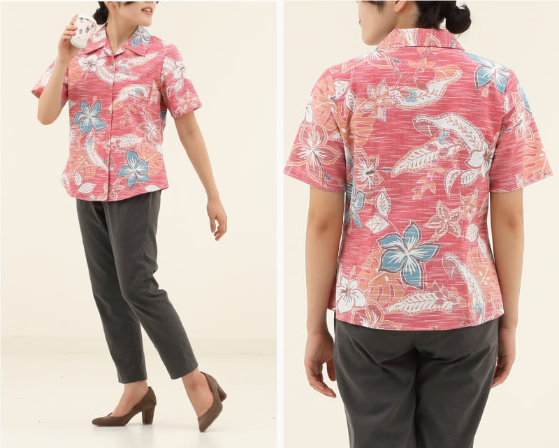 彩りをアクセントに楽しめるレディース沖縄アロハシャツ（かりゆしウェア）　レッド