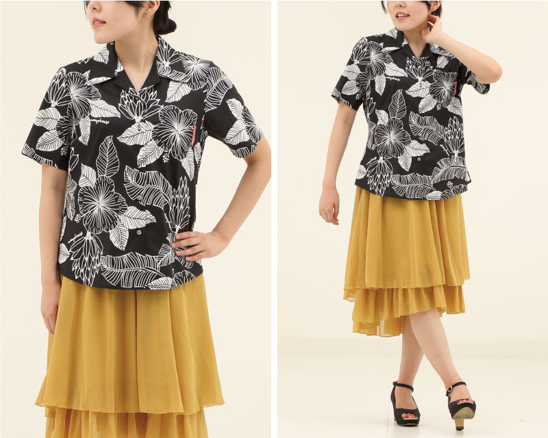 島バナナの生いしげる沖縄のジャングル自然豊かな沖縄のアロハシャツ かりゆしウェア ブラック