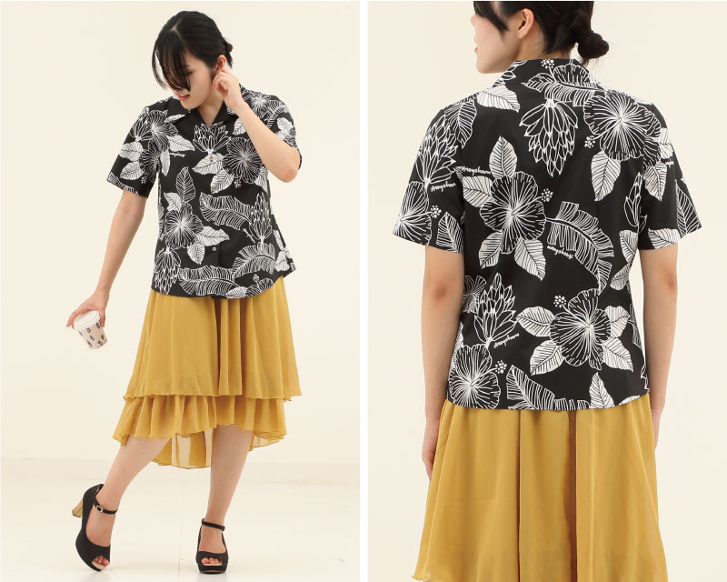 島バナナの生いしげる沖縄のジャングル自然豊かな沖縄のアロハシャツ かりゆしウェア ブラック