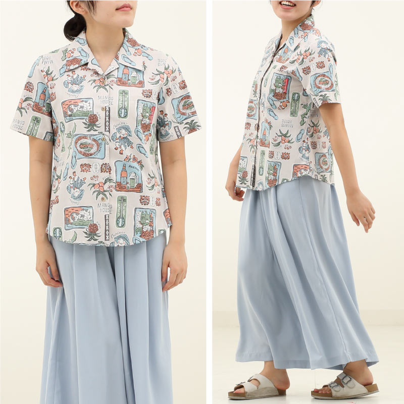 沖縄のローカルな景色や風物を懐かしみのある雰囲気にちゃんぷるーしたアロハシャツ アイボリー