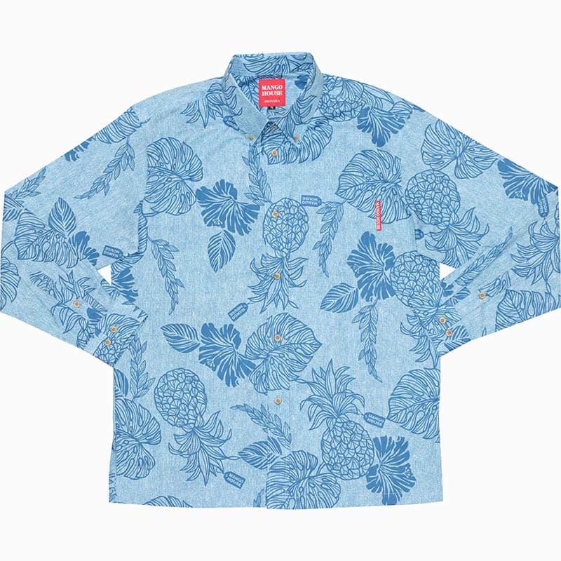沖縄アロハシャツ　メンズ　かりゆしウェア　デニムブルー
