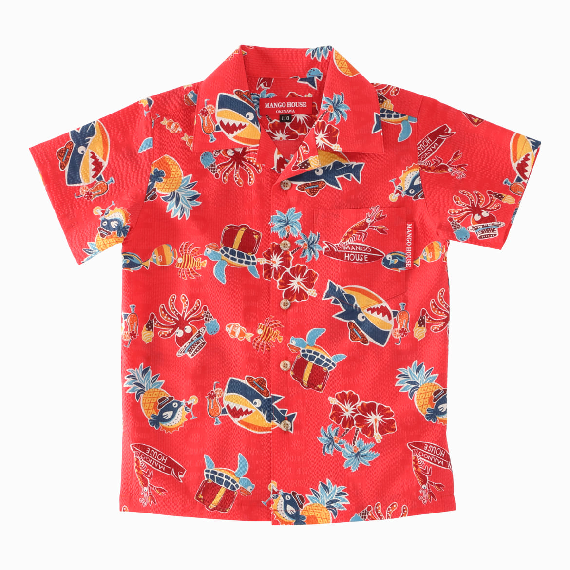 沖縄アロハシャツ　メンズ　かりゆしウェア　レッド