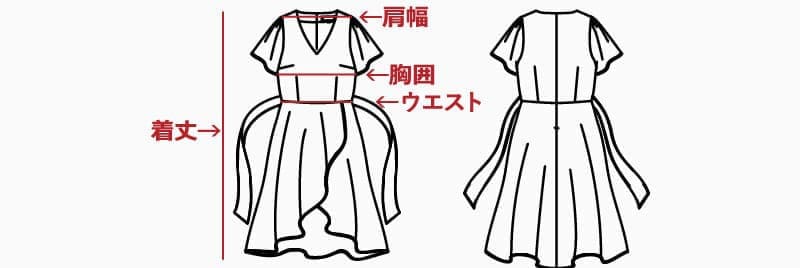 ワンピースの採寸図（着丈・肩幅・胸囲・ウエスト）