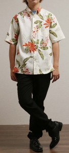 アロハシャツ－かりゆしウェア【紅型デイゴ（ボタンダウンシャツ）　メンズ】