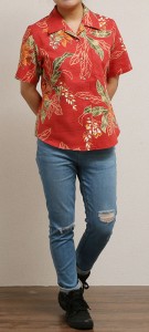 アロハシャツ－かりゆしウェア【紅型デイゴ（開襟シャツ）　レディース】