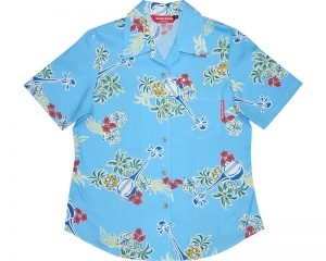 三線柄ブルー色の沖縄アロハ