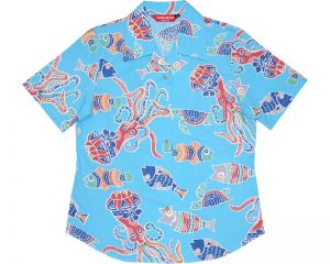 魚、たこ柄ブルー色の沖縄アロハ