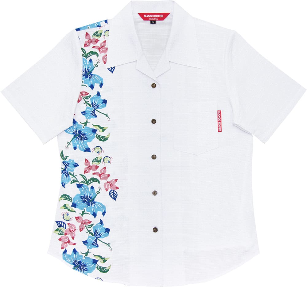 マンゴハウスのレディース商品紹介（ 紅型やどかりボーダー）開襟タイプ。